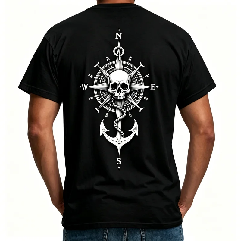Nautical Skull Anchor Graphic Tee for Men Women Vintage Compass Print Tshirt 100% Cotton Short Sleeve Casual Summer Top