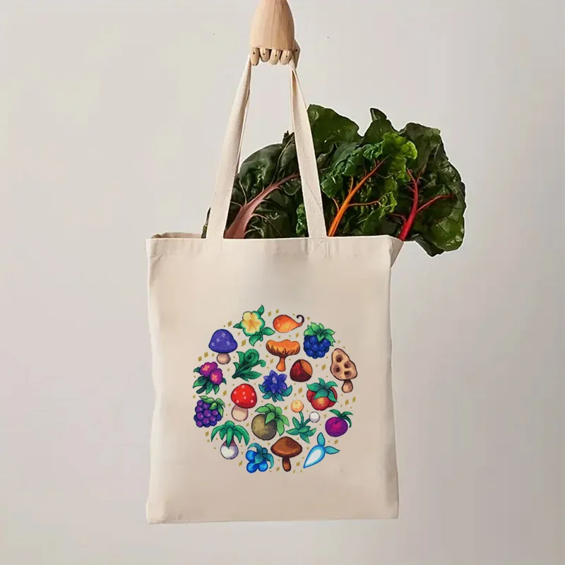 Colorful Mushroom Berry Circle Canvas Tote Bag Botanical Vegetable Print Reusable Shopping Shoulder Handbag for Grocery Daily