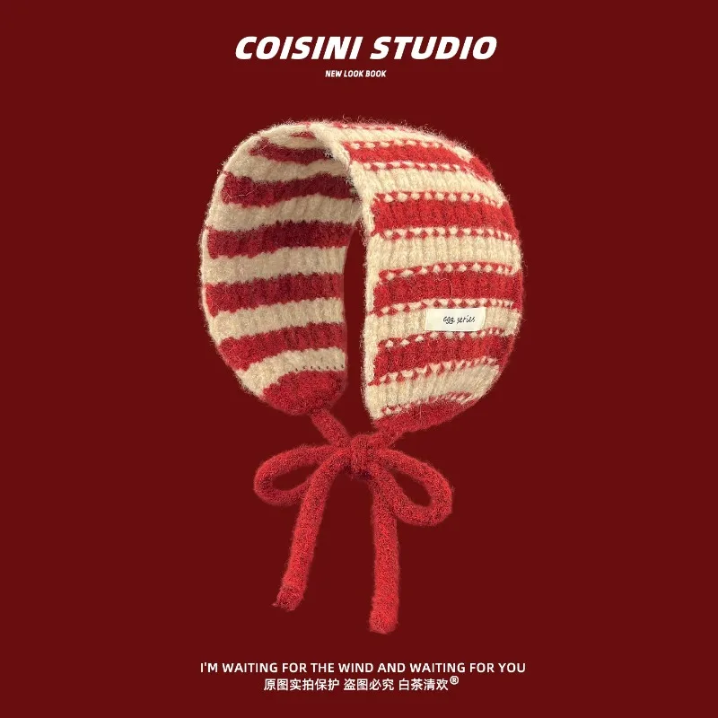 Korean Ins Striped Plush Earmuffs for Women in Autumn and Winter Warm and Versatile Ear Protection Straps Knitted Hairbands