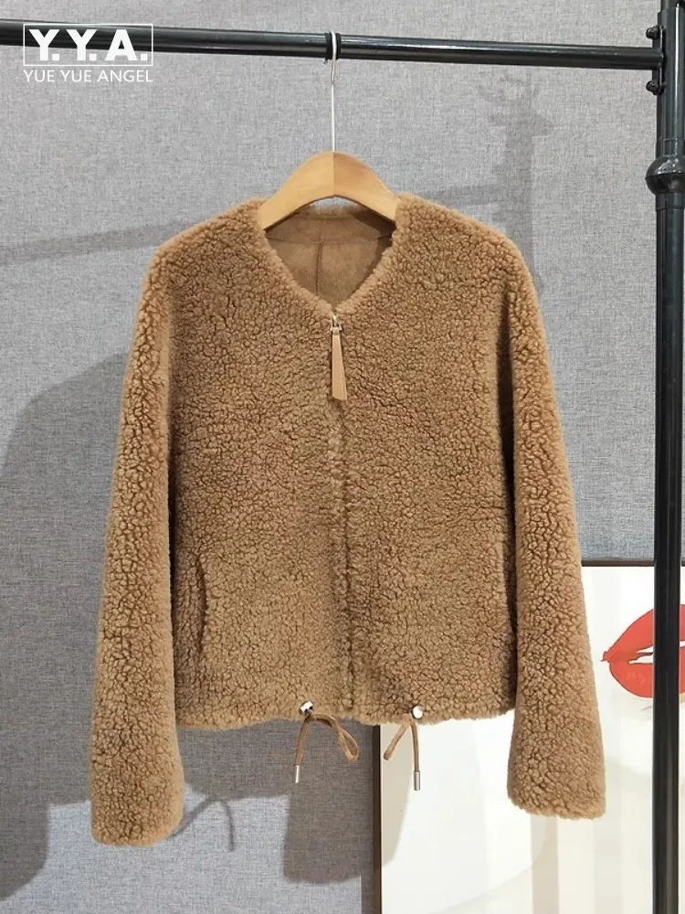 Mulheres inverno quente real pele de ovelha casacos curtos em linha reta solto ajuste zíper casaco de lã o pescoço à prova de vento outerwear jaqueta de cor sólida