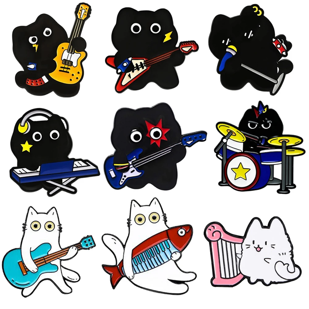 Cute Music Cat Metal Brooch Enamel Pin Guitar Microphone Piano Drummer Harp Suona Lightning Black Cat Cartoon Badge Jewelry Gift