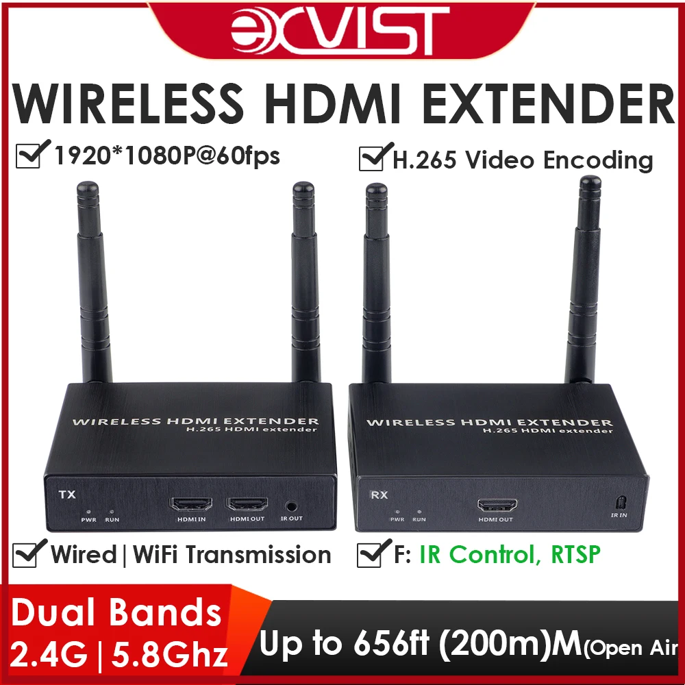 

Wireless HDMI Extender 1x Transmitter 1x Receiver 1080P 60fps W/HDMI Loop Up to 200M(656ft) 2.4 5.8GHz Wired Wireless Extender