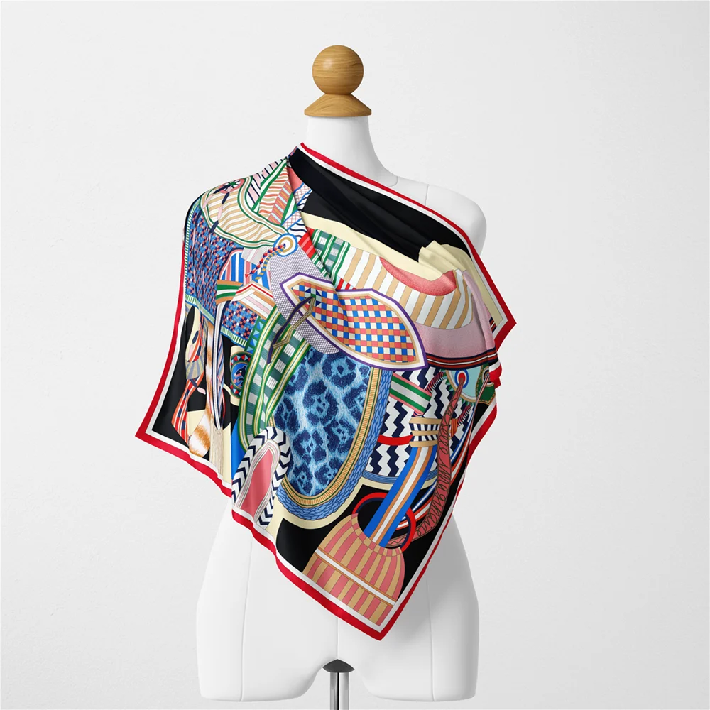 Twill Silk Scarf Woman Saddle Painting Square Scarves Wraps Bandana Small Hijab Silk Foulards Tie Headband Neckerchief 53CM