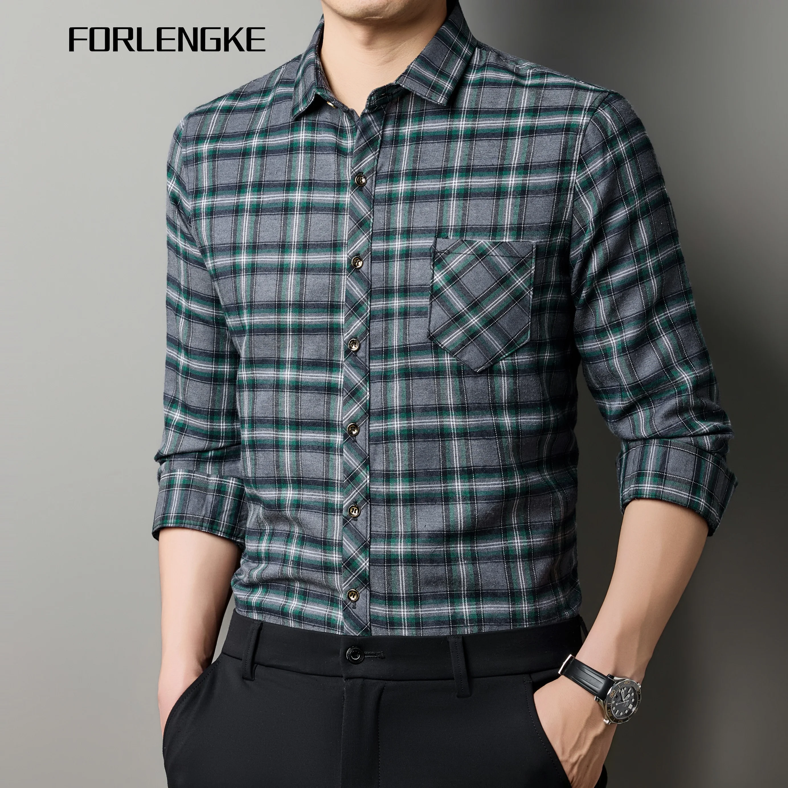 FORLENGKE Men Casual Plaid Long Sleeve Shirt, Soft Breathable Regular Fit Button Down Top For Autumn Daily Office Wear