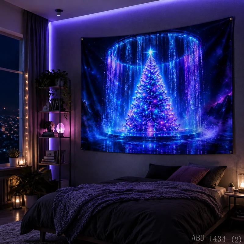 VIKAMA Neon Purple Blue Cyber Tunnel Tree Star Halo Ornament City Grid Christmas Tapestry Wall Hanging Bedroom Living Room Dorm