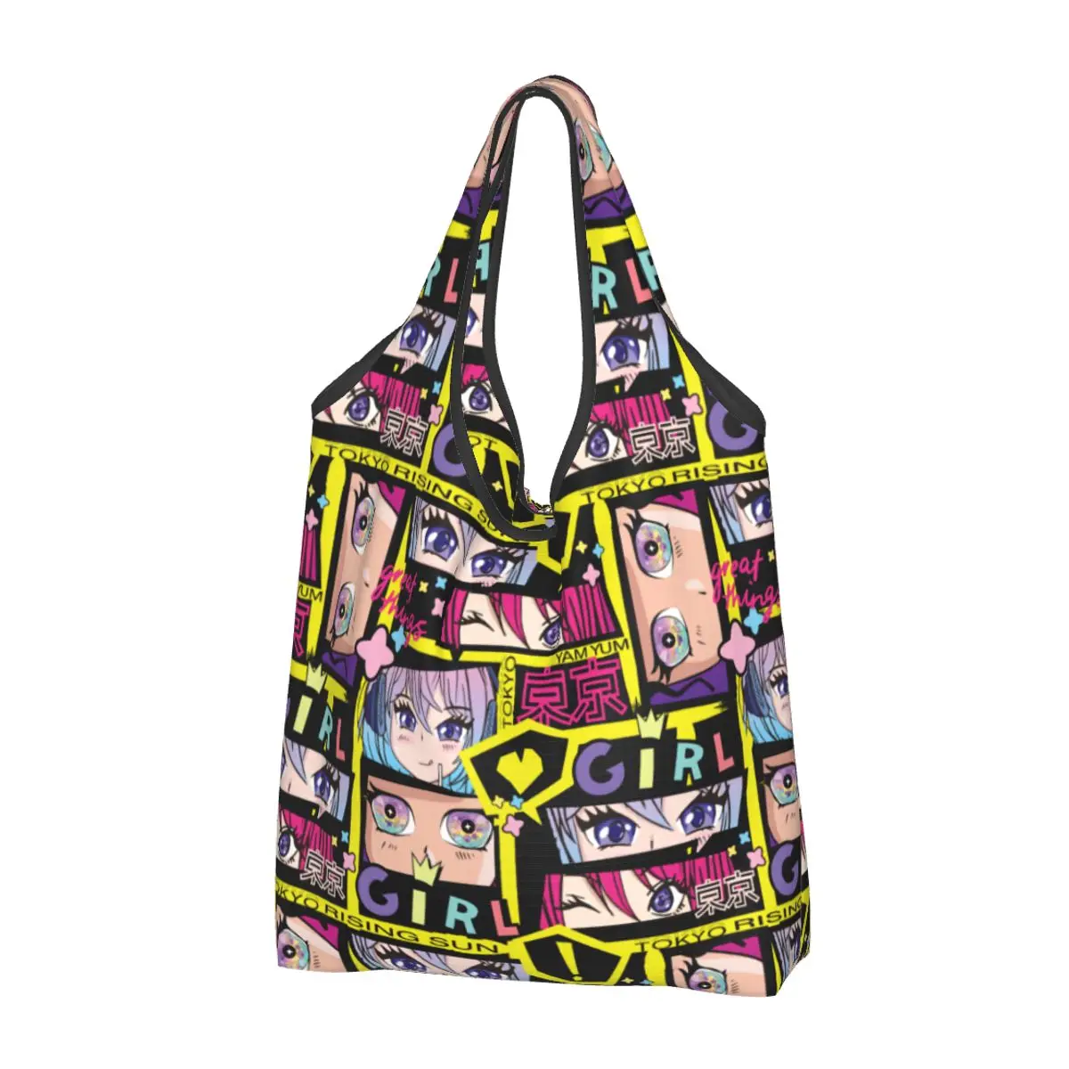 Tokyo Anime Girl Kawaii Girlish Eyes Grocery Bag Foldable Harajuku Street Shopping Bags Extra Large Tote Storage Bag Lightweight