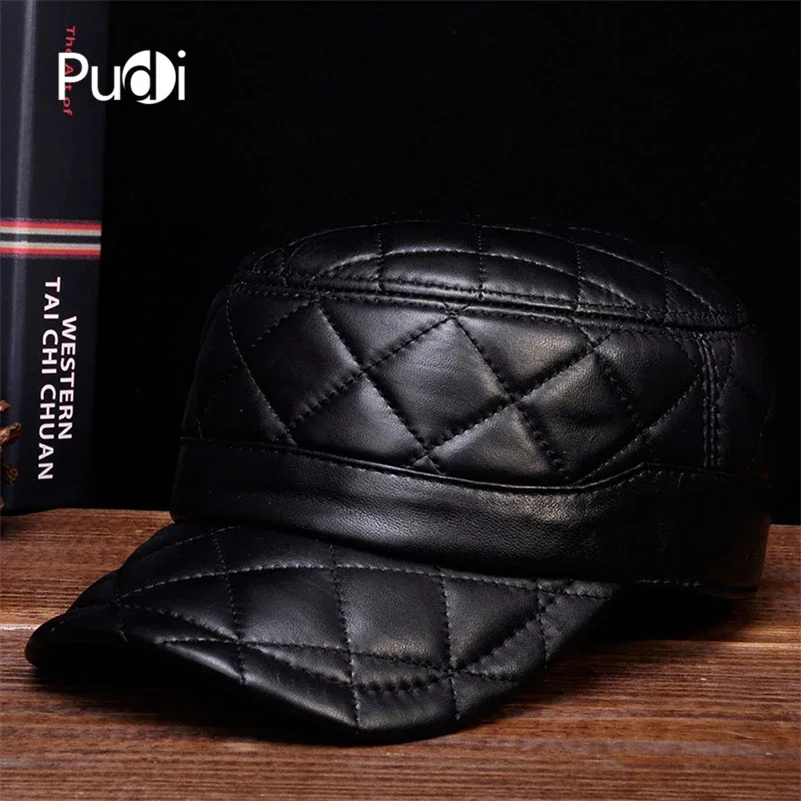 Pudi Men Genuine Leather Hat Cap Boy Male Real Leather Baseball Caps Military Hats HL031