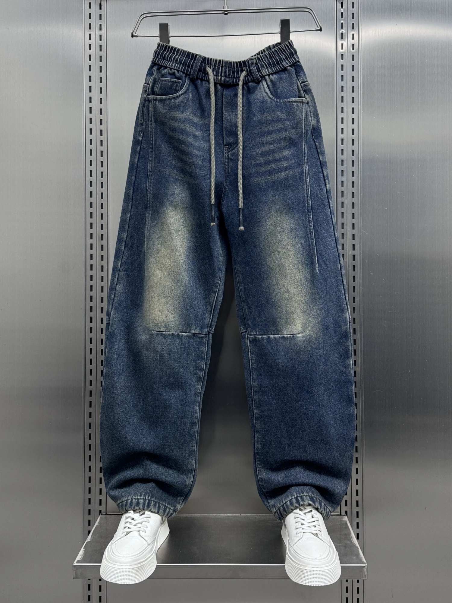 

Retro Fce Lined Distred Straight Leg Jeans Men's Loose Fit Casual American Sle Knife Pants Autumn Winter