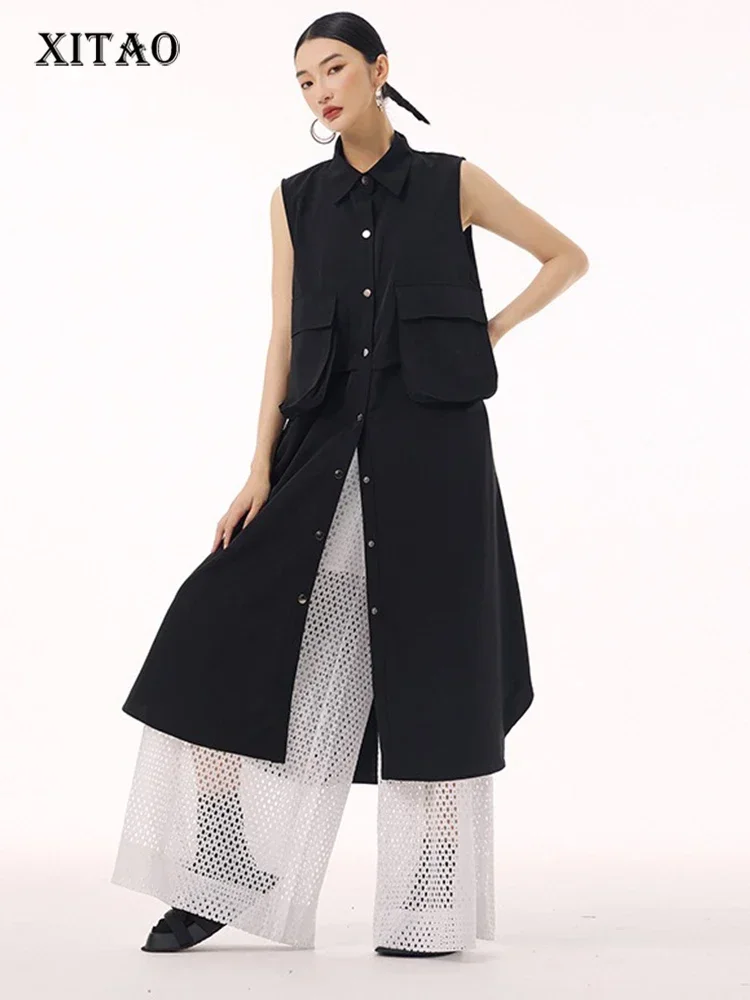 

XITAO Patchwork Pocket Sleeveless Single Breasted Dress Casual Mid-calf Turn-down Collar Personality Women Dress HQQ2423