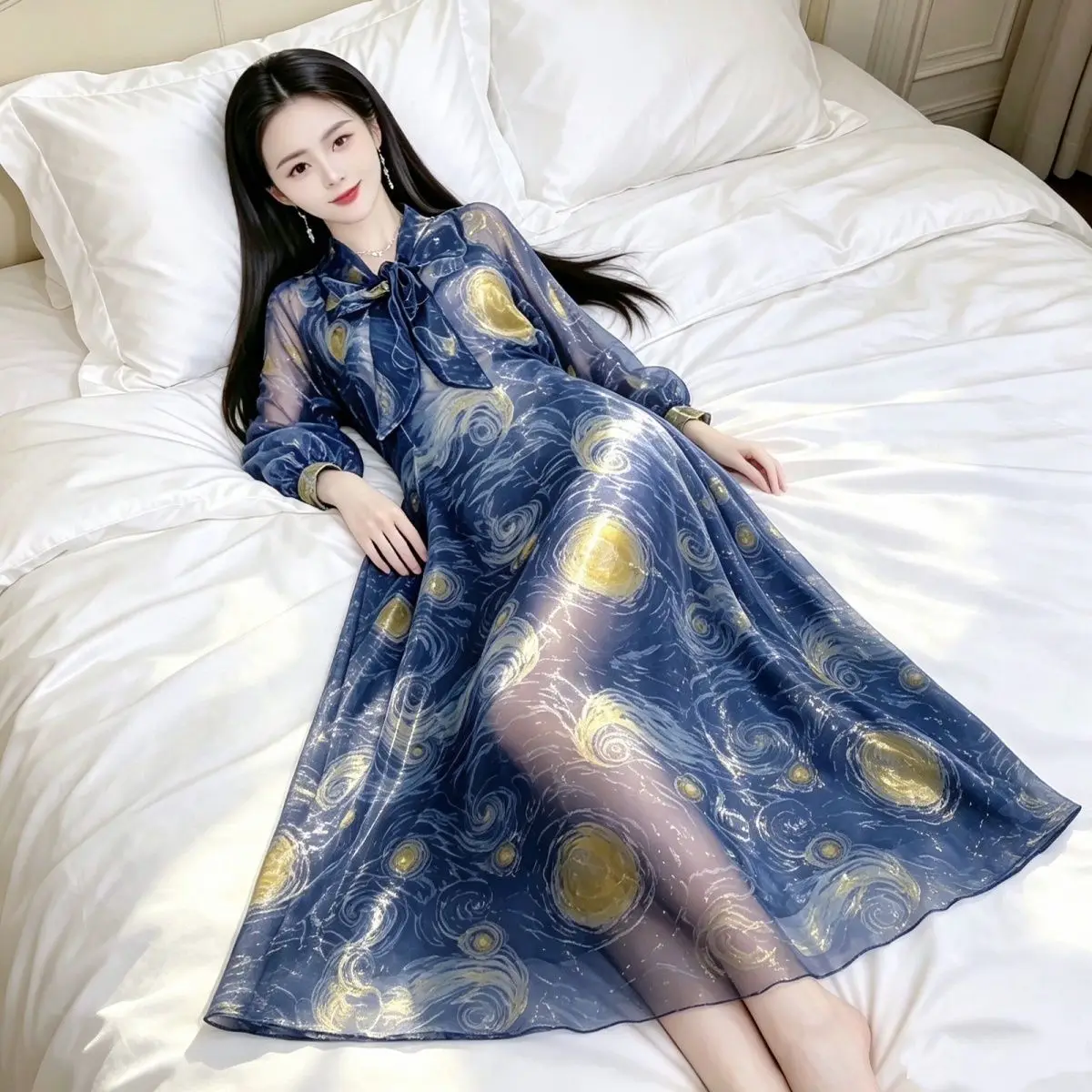 New Printed Shiny Smooth Organza Beautiful Exquisite Temperament Tie-neck Sexy Sheer Loose Style Nightgown Long Dress