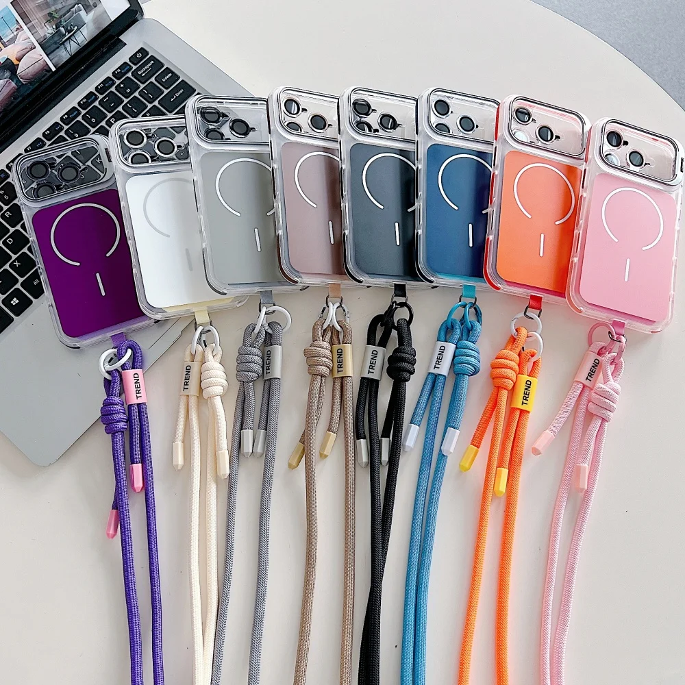 Verstärkte Anti-Verlust-Umhängeband-Lanyard-Hülle für iPhone 17 16 Pro Max 11 12 13 14 15 Plus, gefaltete Linsenständer-Magnetabdeckung