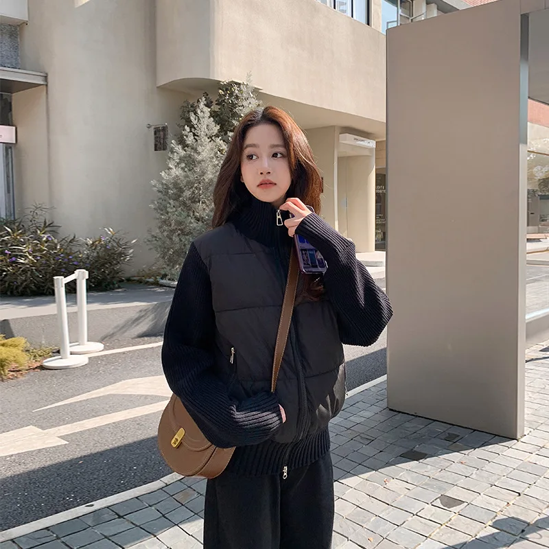 Simple Fashion Winter Splicing Knitted Velvet Cotton Jacket Women's 2026 Korean Version Long-sleeved Stand-up Zipper Cardigan Co