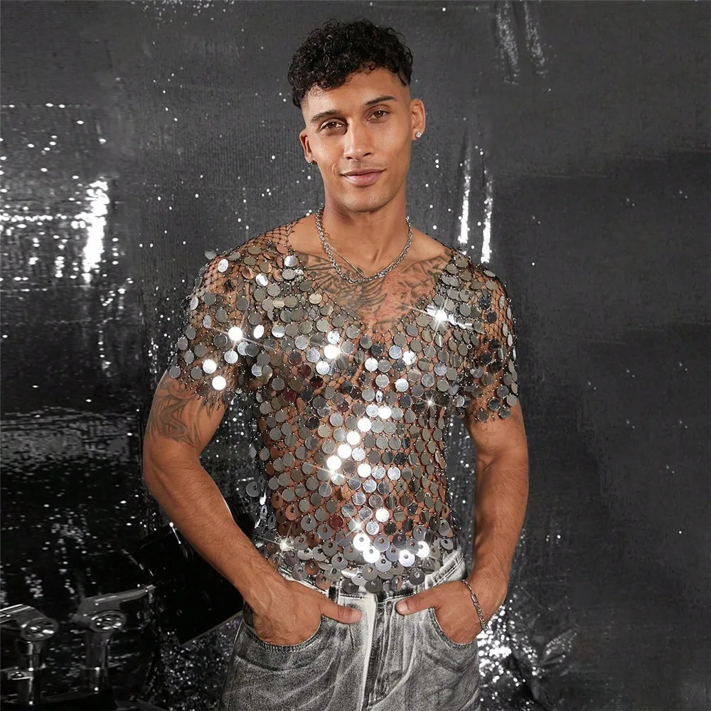 Herren-T-Shirt mit diamantbesetzten, durchsichtigen Pailletten-Mesh-Vertuschungen, europäische und amerikanische Mode, sexy Perlenausschnitt-T-Shirt