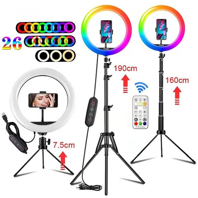 

10-дюймовый трехцветный кольцевой светильник RGB со штативом: косметический светильник для селфи, живых видео, фотографии и освещения для макияжа