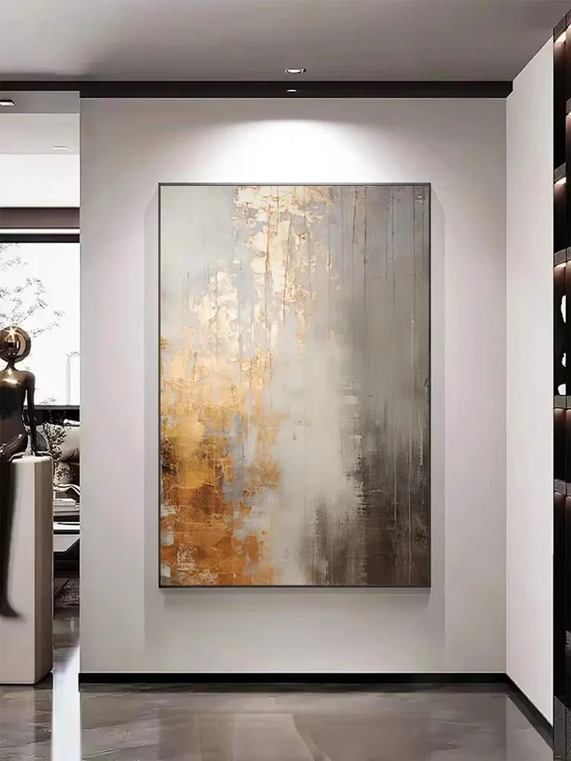Large Handmade Gold Abstract Oil Painting Wall Art Noframed Modern White Grey Canvas Oil Painting for Livingroom Wall Decoration