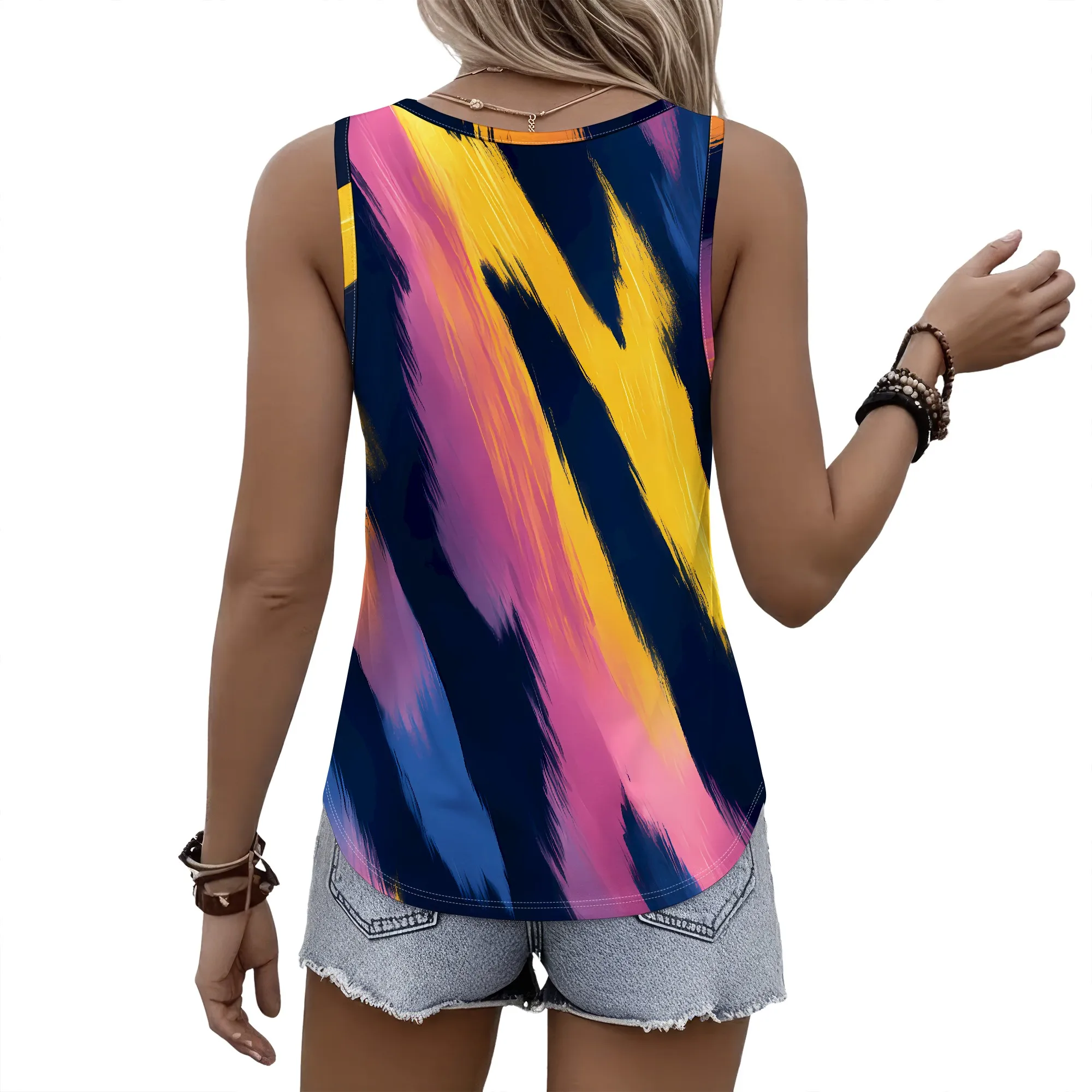 Abstract Brushstroke Print Tank Top, Vibrant Color Block Sleeveless Shirt, Casual Summer Blouse for Women, S-2XL