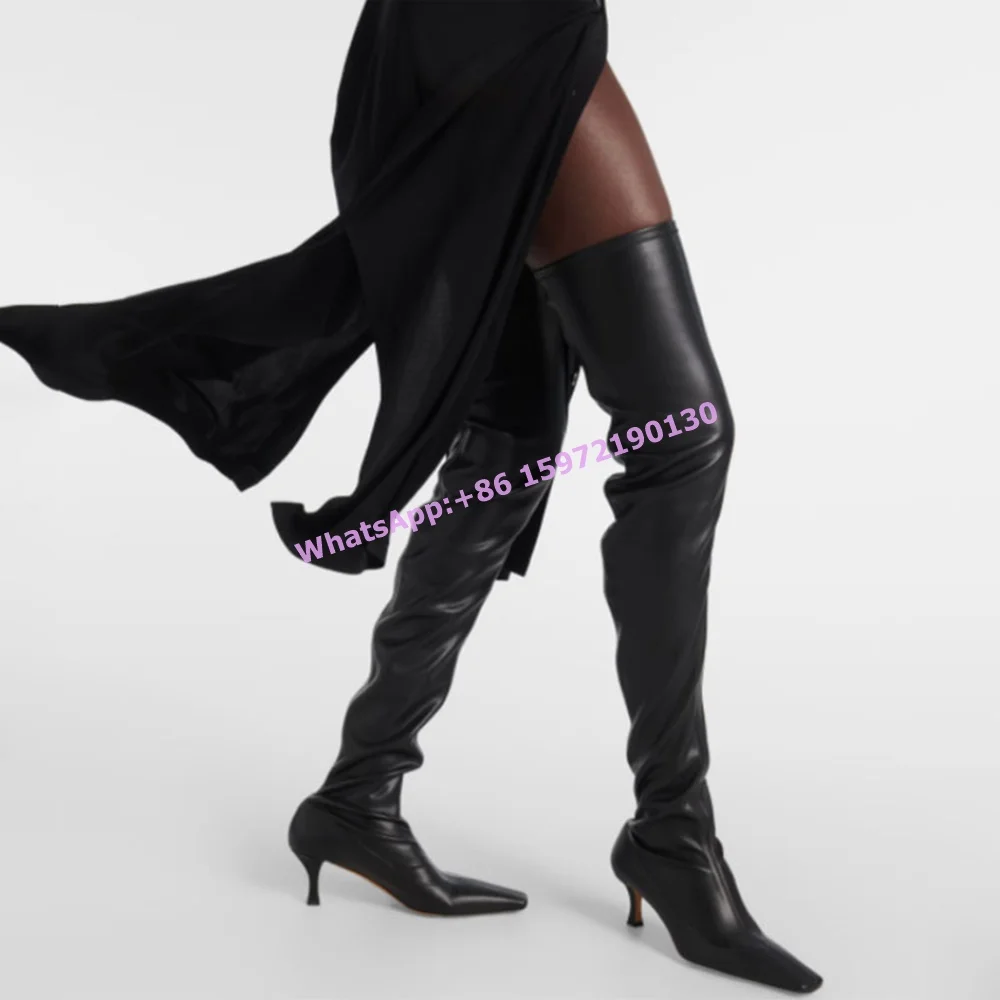 

Black Pleated Sexy Long Boots Kitten Heels Slip On Concise Square Toe Patchwork Thigh High Modern Boots Model Runway Shoes 2025