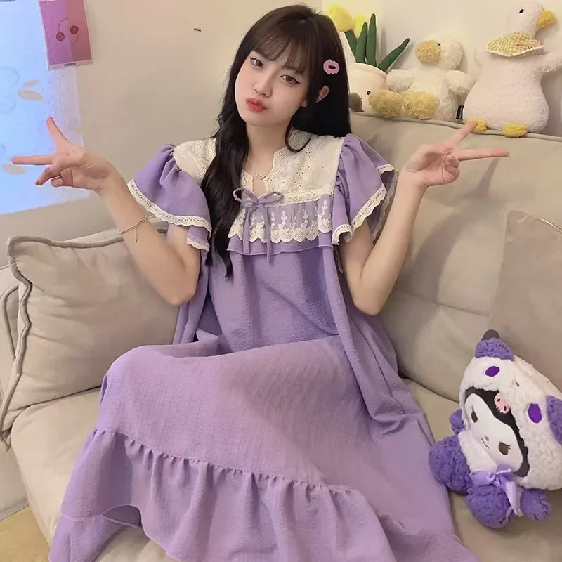 

Ночные сорочки для женщин: милые, в стиле кавай, с рюшами, короткий рукав, летняя домашняя одежда, пижамы