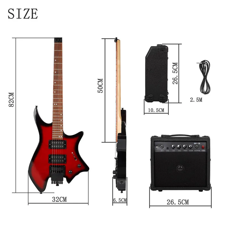 Maple Headless Electric Guitar with Speaker, Equipped with String Lock Module, Rock Guitar for Beginner