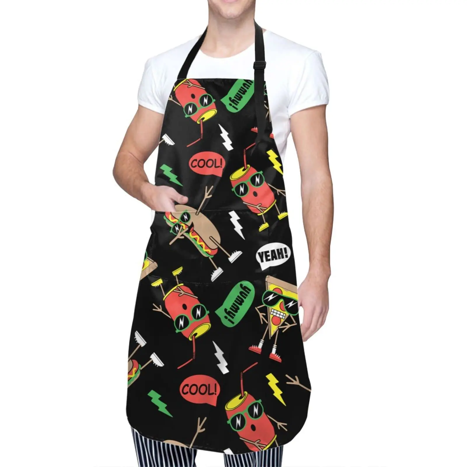 

Cartoon Funny Hot Dog Pizza and Soda Waterproof Apron Cooking Kitchen Apron Unisex Adjustable Apron