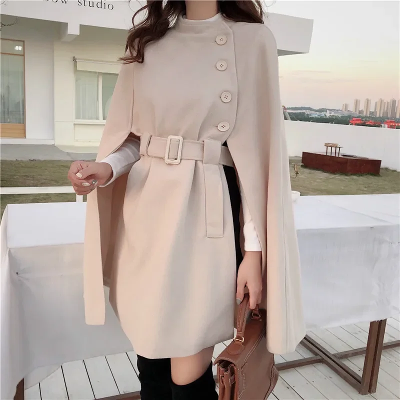 

Women Winter Tops Korean Solid Color Collect Waist Cape Coats Woman New Style Khaki Black ElegantWoolen Loose Medium Long Coat