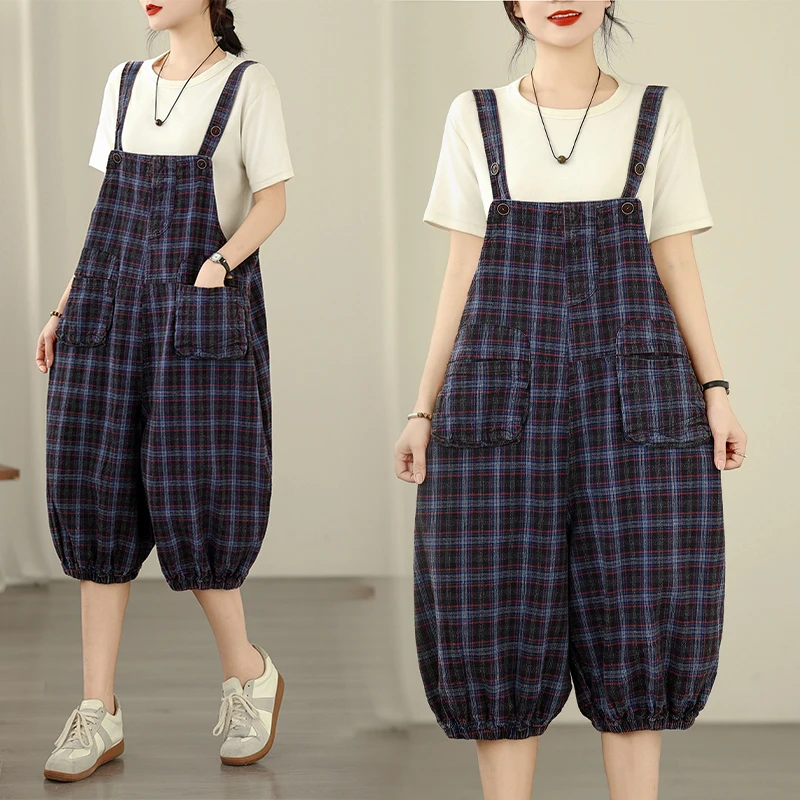 

plus Size Casual High Waist Seven Inch Jeans Thin Denim Striped Overalls Comfortable Loose Fit Summer New Arrival