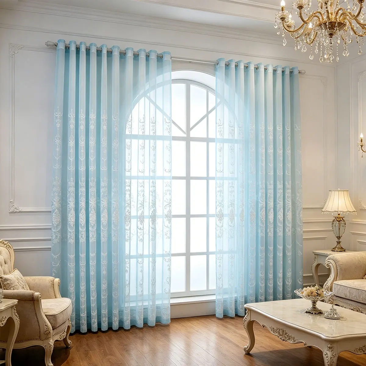 2Pcs Blue Jacquard Sheer Curtains European Vintage Style Embroidery Voile for Arched Window Living Room