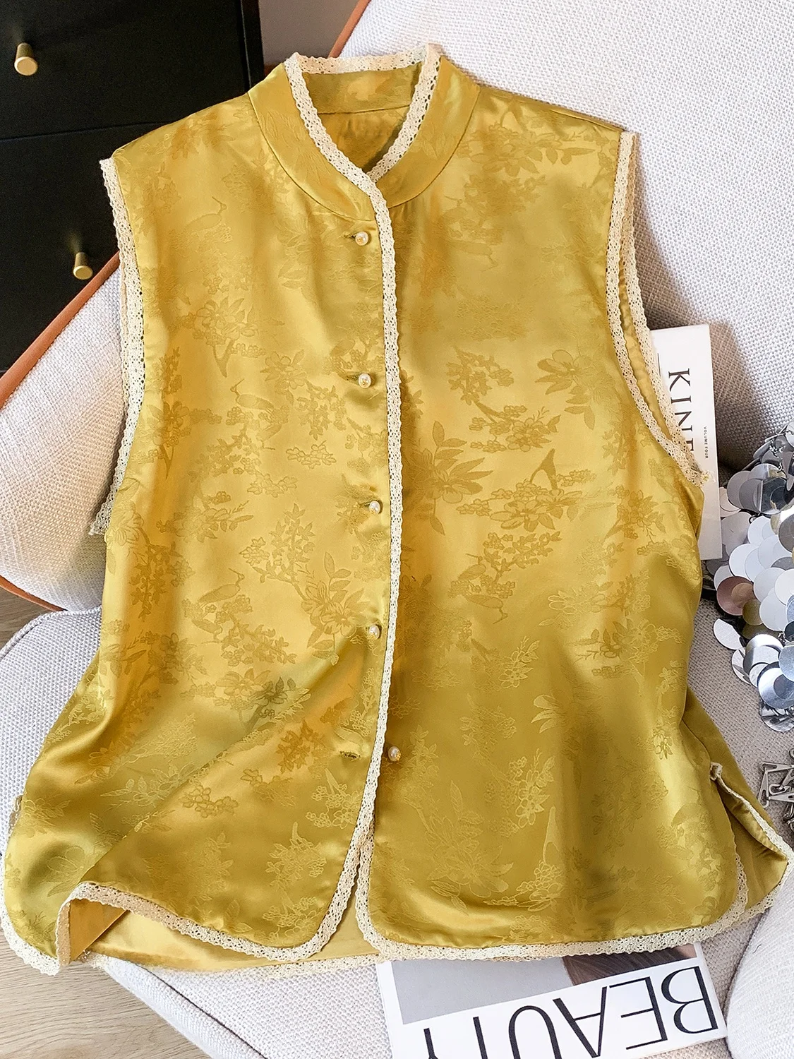 Nuevo Chaleco de cuello levantado Jaet Svel con ribete Floral de trabajo pesado bordado para mujer de otoño Top tradicional chino Sle