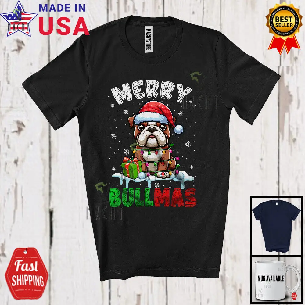 

Merry Bullmas; Adorable Christmas English Bulldog; X-mas Lights Snowing T-Shirt