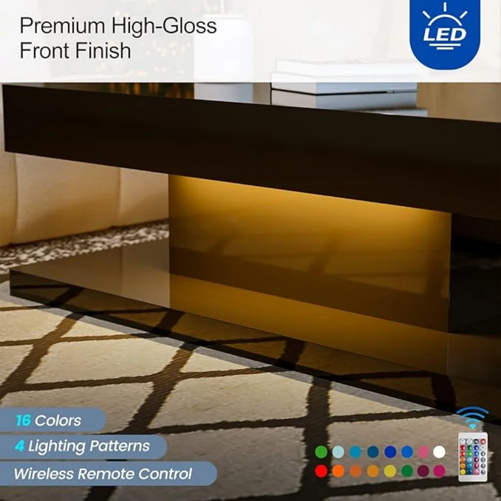 Coffee Table with Drawer, High Glossy Rectangle Coffees End Tables with 16 Colors LED Lights, Coffee Table