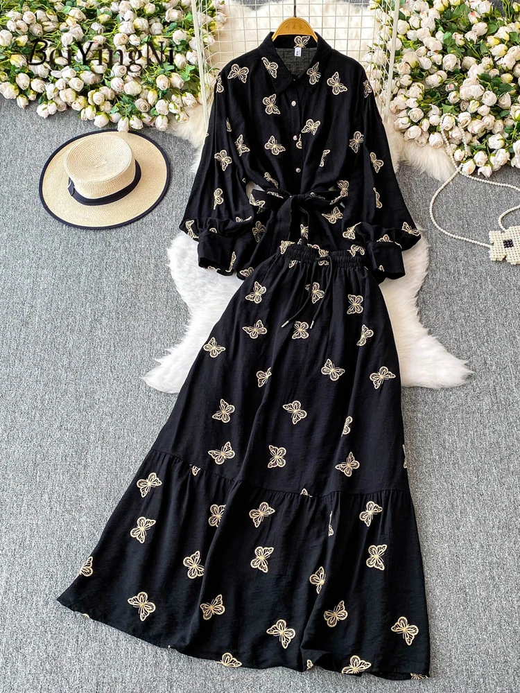 

Beiyingni, весенне-осенние женские комплекты юбок, легкий роскошный розовый топ с вышивкой бабочки, элегантные женские рубашки, комплект из двух предметов