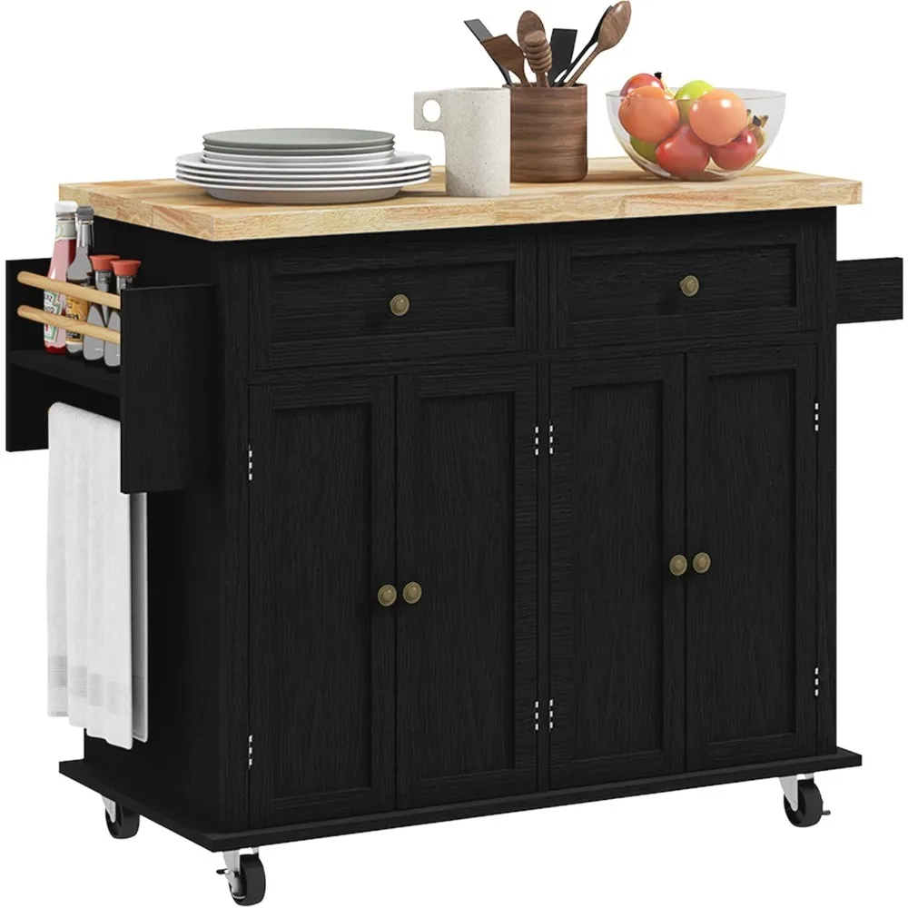 

Kitchen Island on Wheels, Rolling Cart with Rubberwood Top, Spice Rack, Towel Rack and Drawers for Dining Room, Distressed Blac
