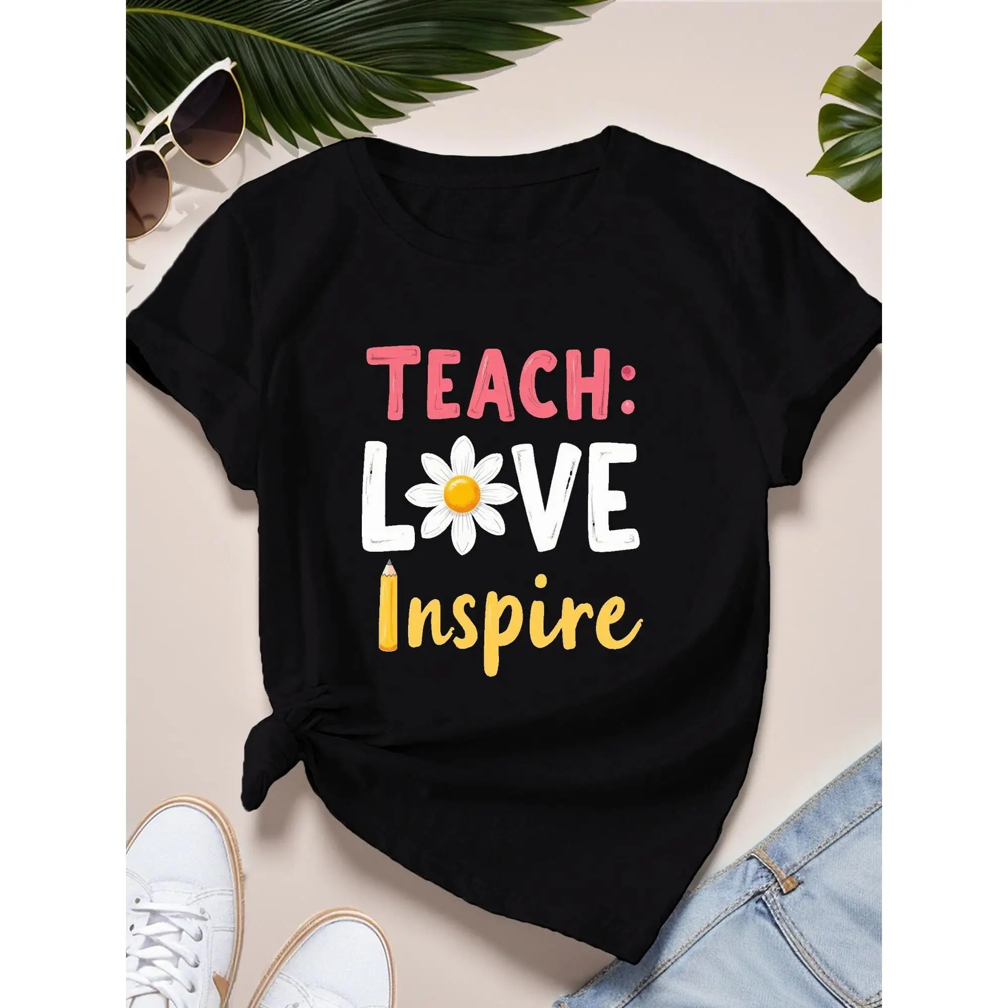 

Teacher T-shirt Women's Teach Love Inspire Graphic Tee Cute Educator Gifts Daisy Pencil Tops