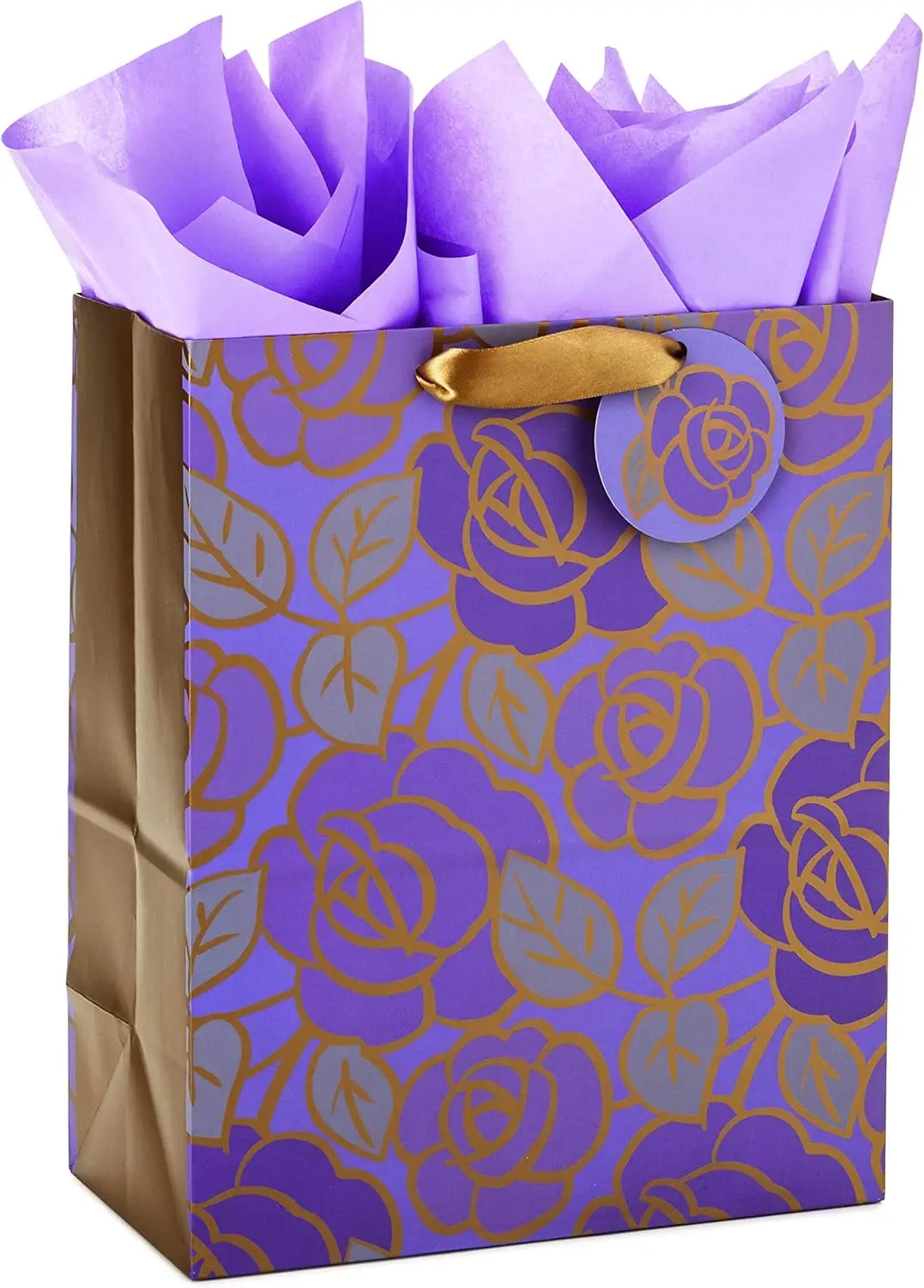 Bolsa de regalo grande de 13' con papel tisú (flores moradas, detalles dorados) para cumpleaños, día de la madre, despedidas de soltera, bodas, regreso