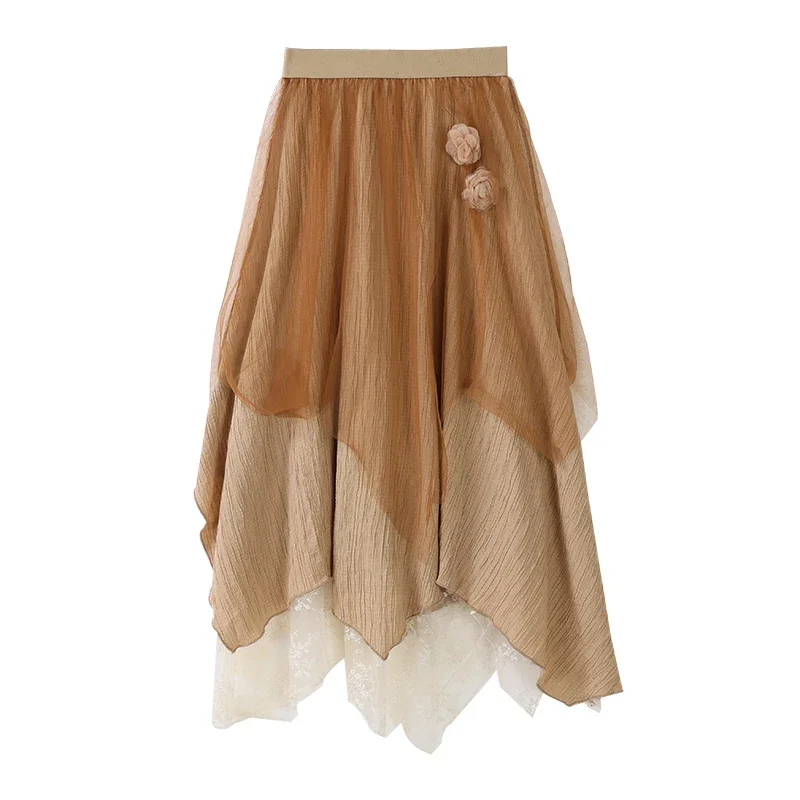 ALXNAN Women\'s Retro Casual Skirts A-line Patchwork Three-dimensional Camellia 2024 Autumn Midi Skirt Sold Separately L39326BSQ