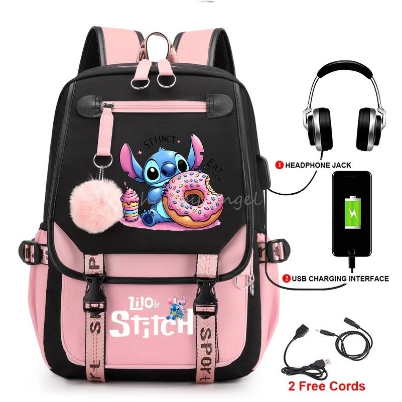 Hot Fashion Lilo And Stitch New USB Charging Bookbag Women Back Pack Laptop School Bags for Teenage Girls Schoolbag