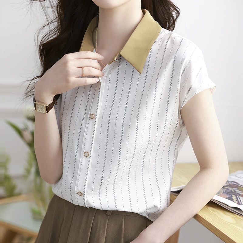 QOERLIN Striped Chiffon Shirts Women Turn-Down Collar Short Sleeve Summer Shirts Female New Button Up Tops Elegant Office Ladies