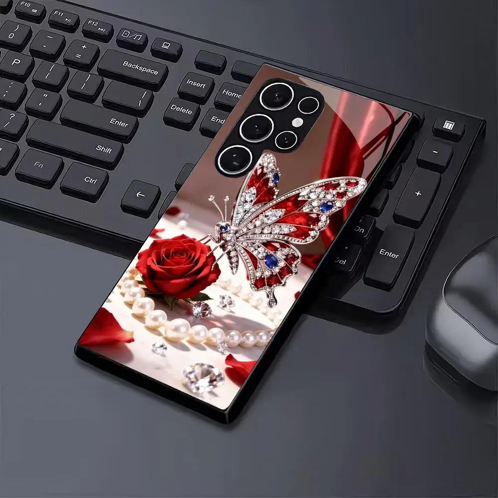 Butterfly flower tempered glass phone case suitable for Samsung Galaxy S26 S25 S24 S23 S22 S20FE/Ultra/Plus anti drop back cover