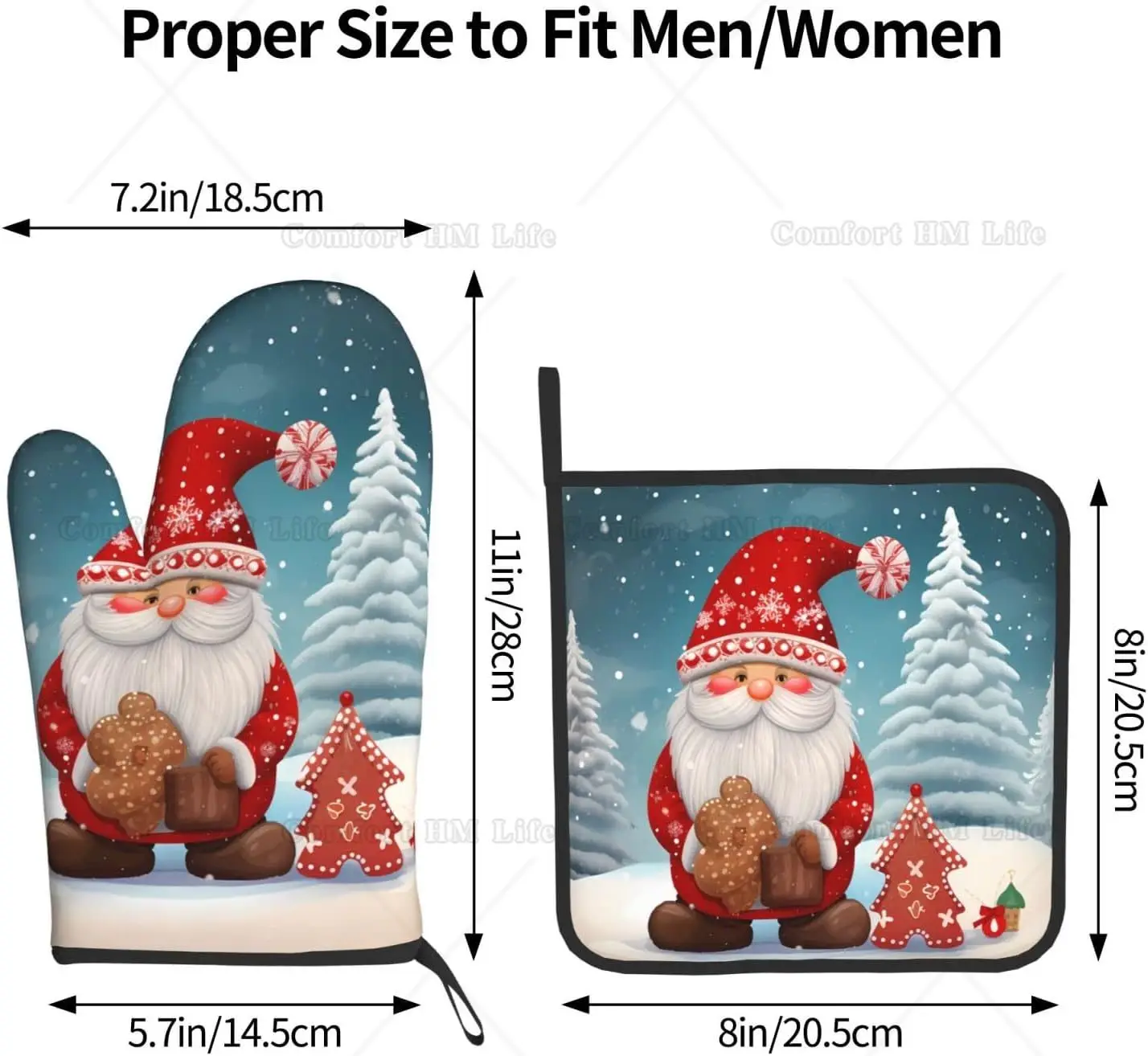 Oven Mitt and Pot Holders 2 Piece Set Christmas Santa Claus Red Tree Non-Slip BBQ Gloves for Kitchen Cooking Baking