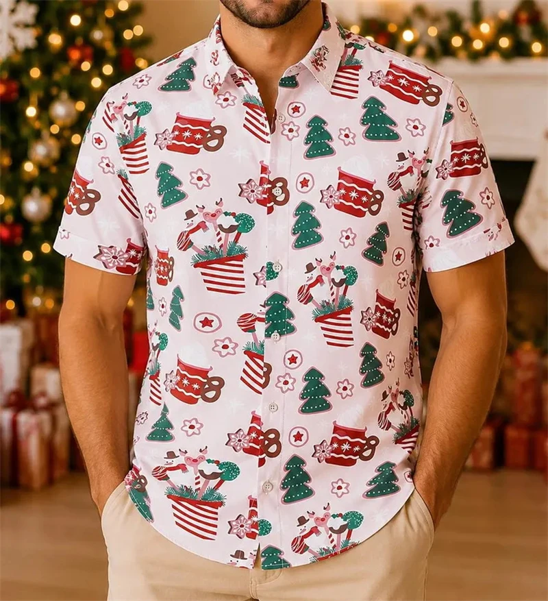 New Mens Christmas Hawaiian Shirt Santa Dog Parrot Aloha Shirt 3D Print Short Sleeve Button Up Beach Holiday Top Dropshipping