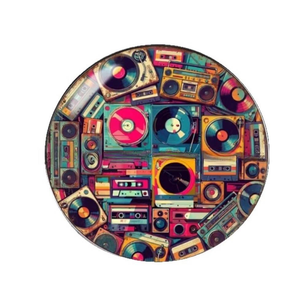 Vintage Cassette Vinyl Record Brooch Color Retro Audio Stainless Steel Flat Badge Music Themed Glass Texture Brooch Accessory