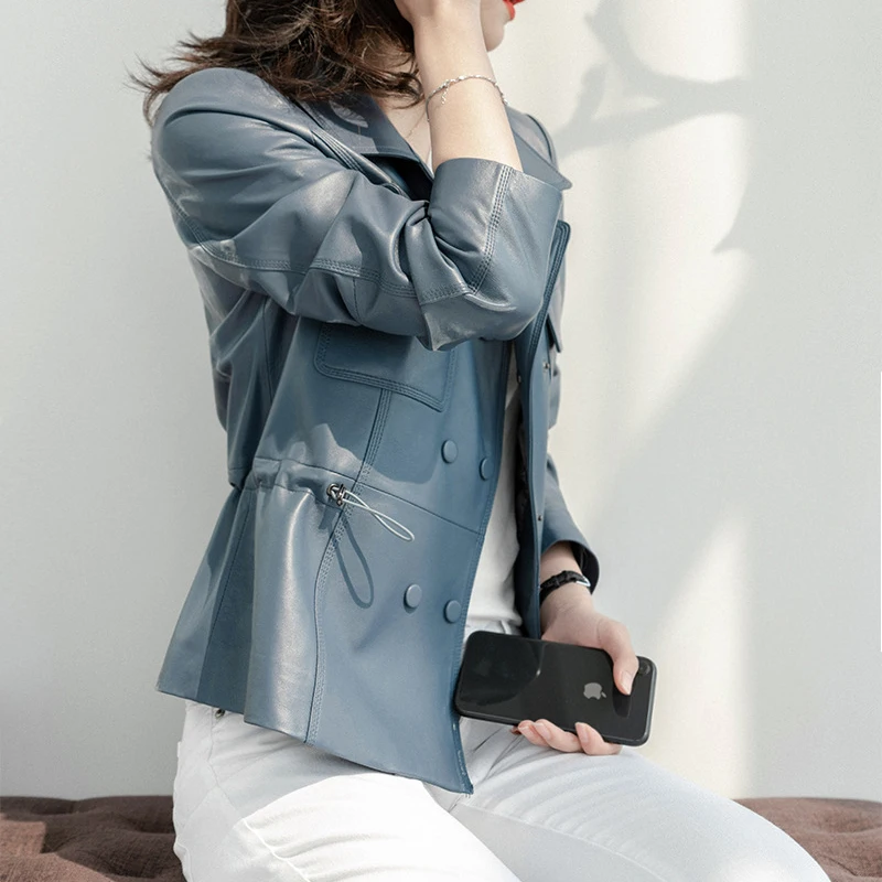 Leather Jacket Women 2026 Autumn Sheepskin Suit Collar Double-Breasted Waist Drawstring Casual Short Jaquetas De Couro Femininas