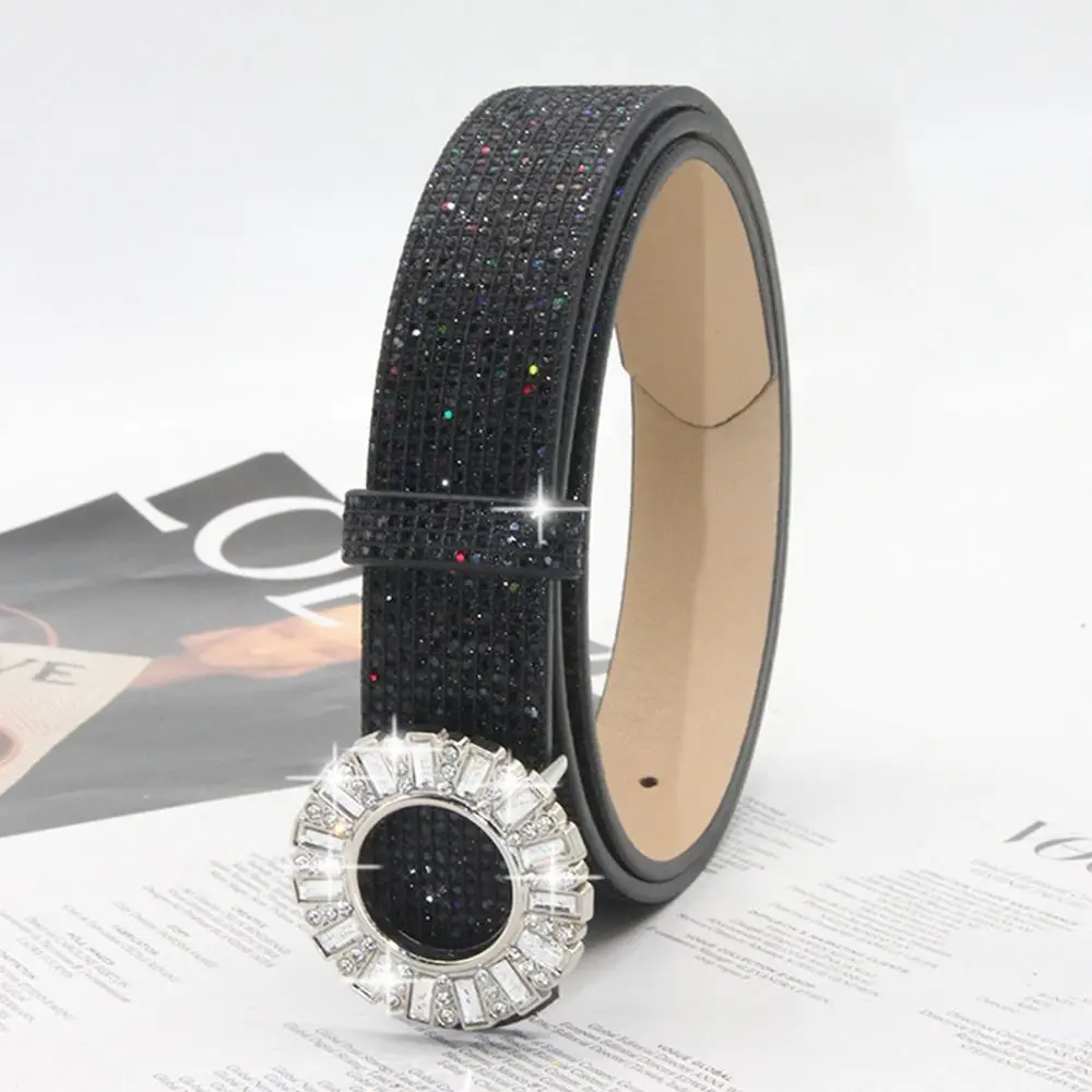 

Fashion Bling Bling Sparkling Rhinestone Belt Versatile Glitter PU Leather Belt Luxury Brand Design Slide Buckle Belt Women