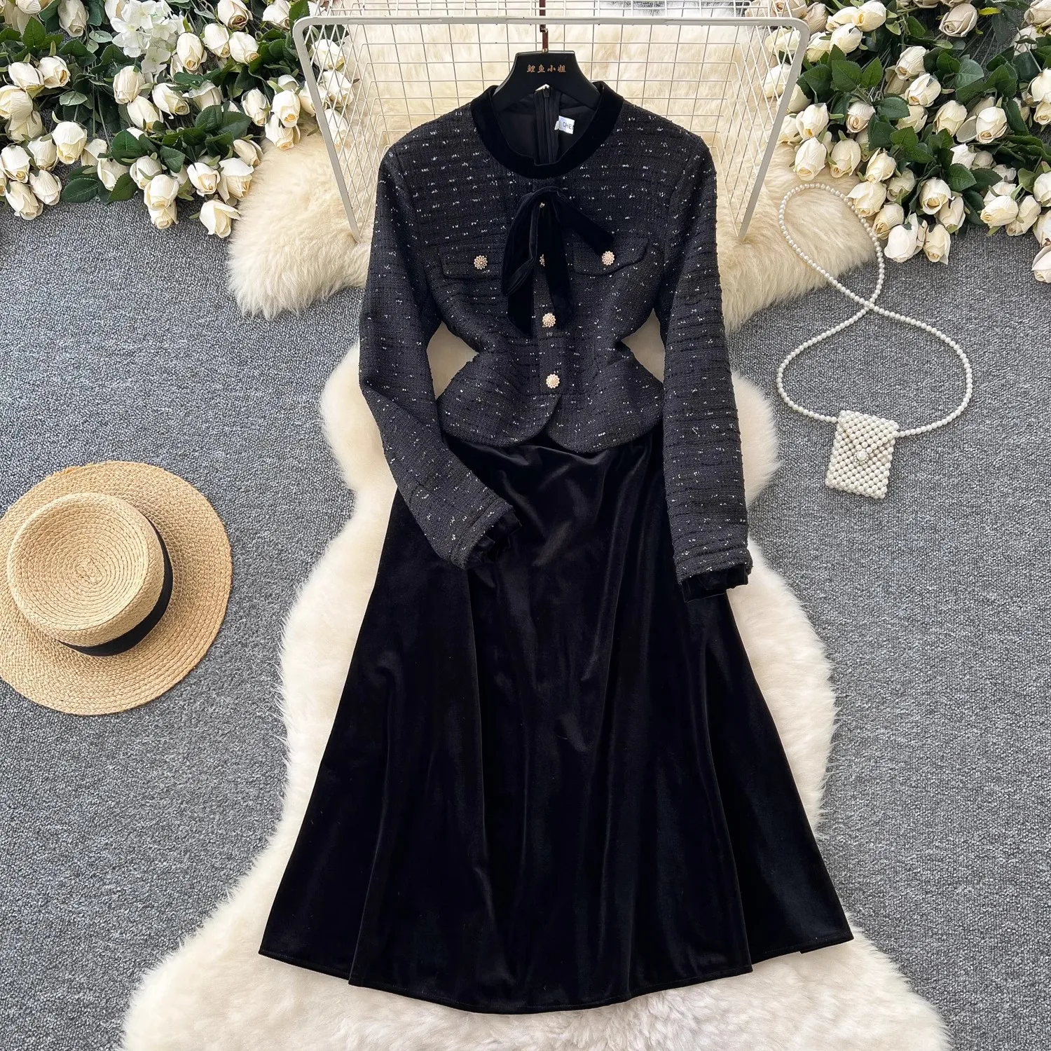 Vintage Womens Black Velvet Dress Autumn Tweed Patchwork Single Breasted Bow Tie Plaid Party Vestidos OL Casual Long Dresses