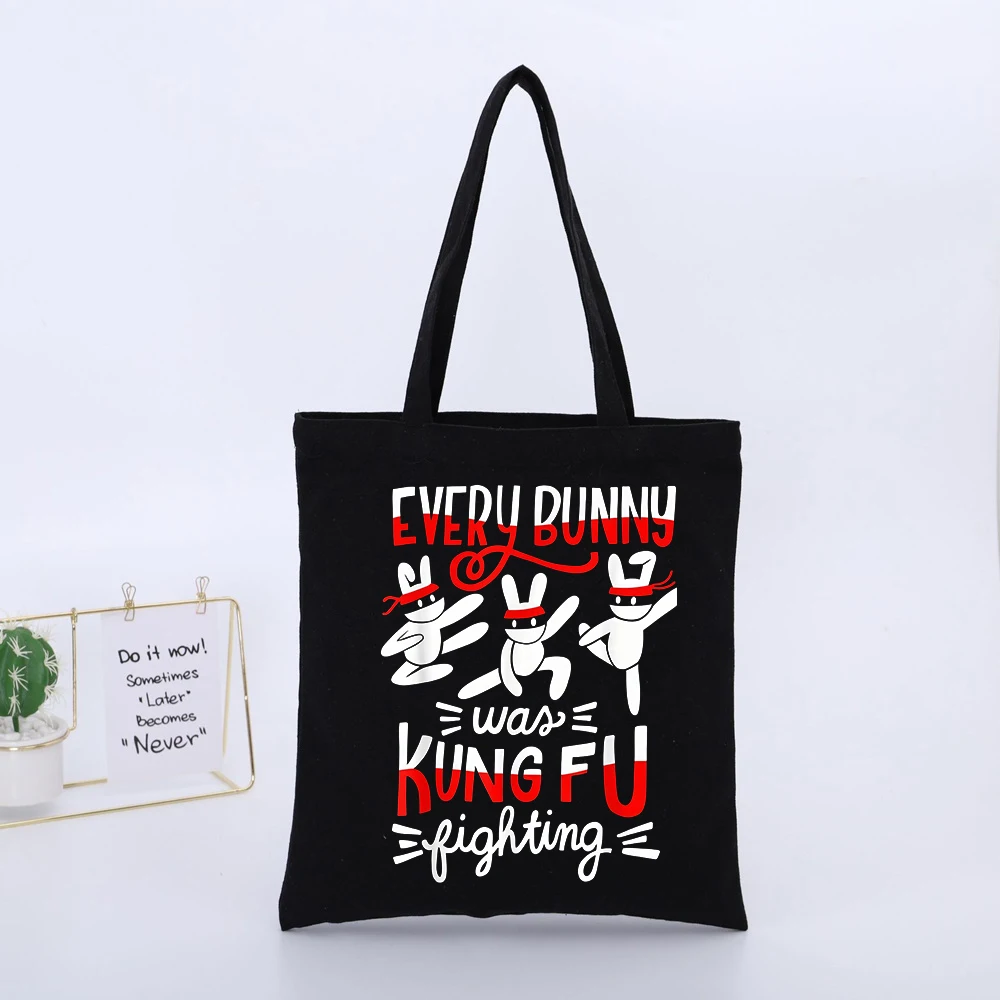 Men's Rabbit Graphic Black Canvas Tote Bag with Typography Print, Casual Shopping and Daily Use