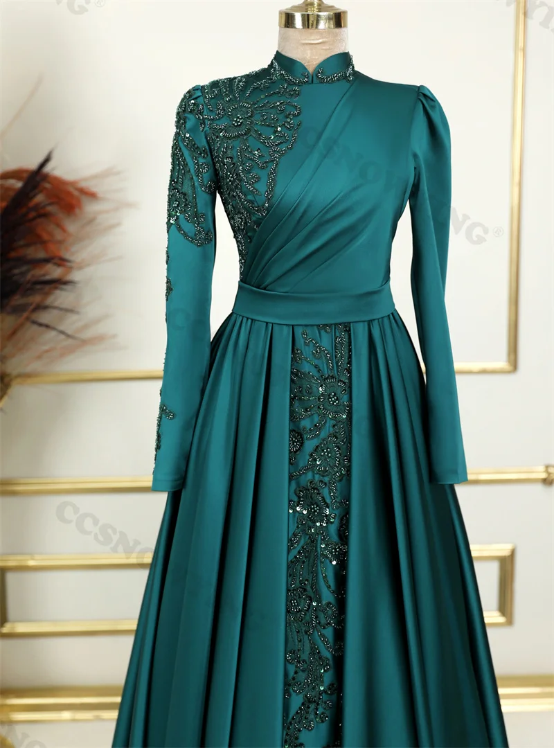 Green Satin Long Sleeve Muslim Evening Dress Appliques Beaded Islamic Formal Party Gowns Women Arabic Dubai Robes De Soirée