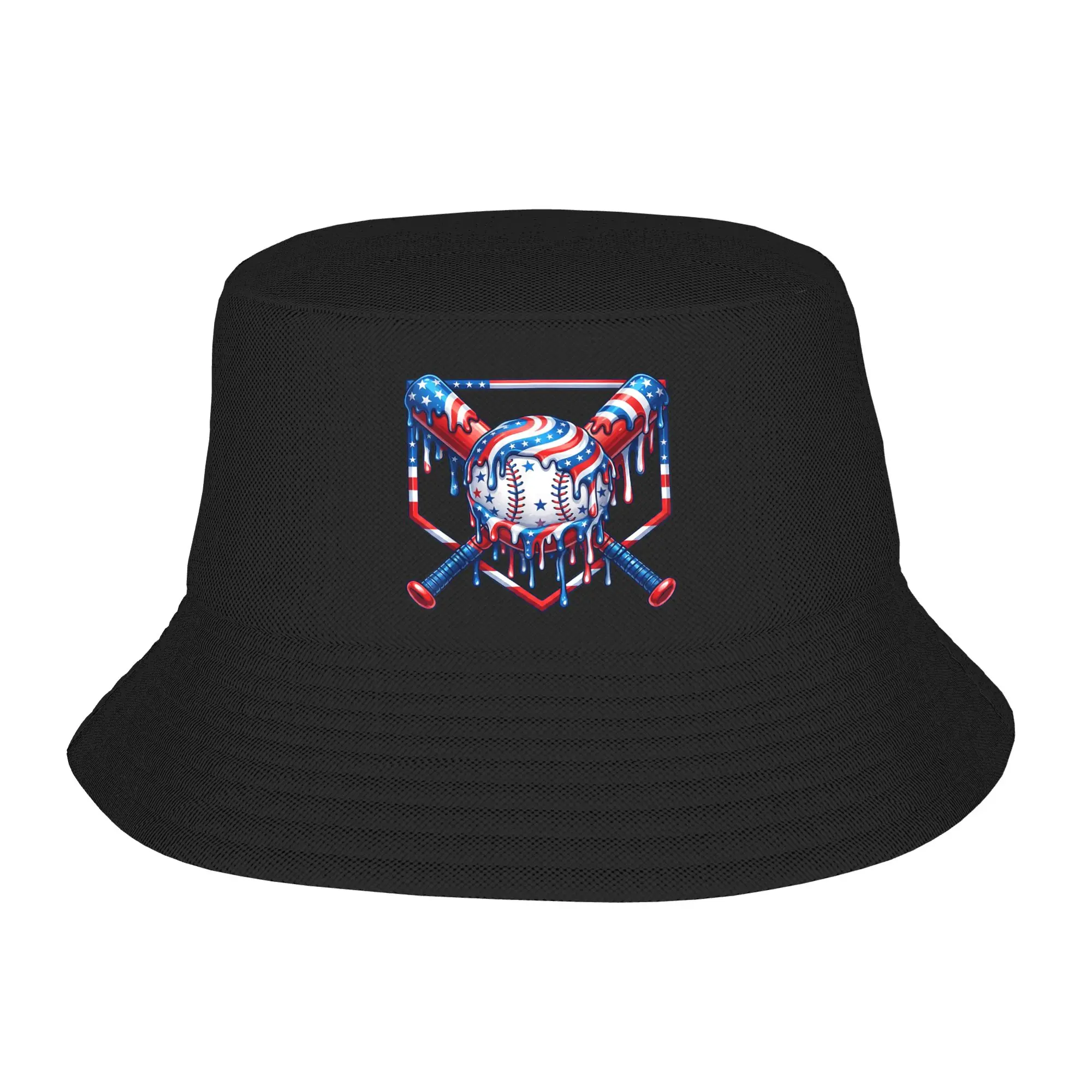 Baseball Drip American Flag Bucket Hat For Men Women  Fisherman Hats Vintage Vacation Caps Personality Outdoor Printed Sun Hats