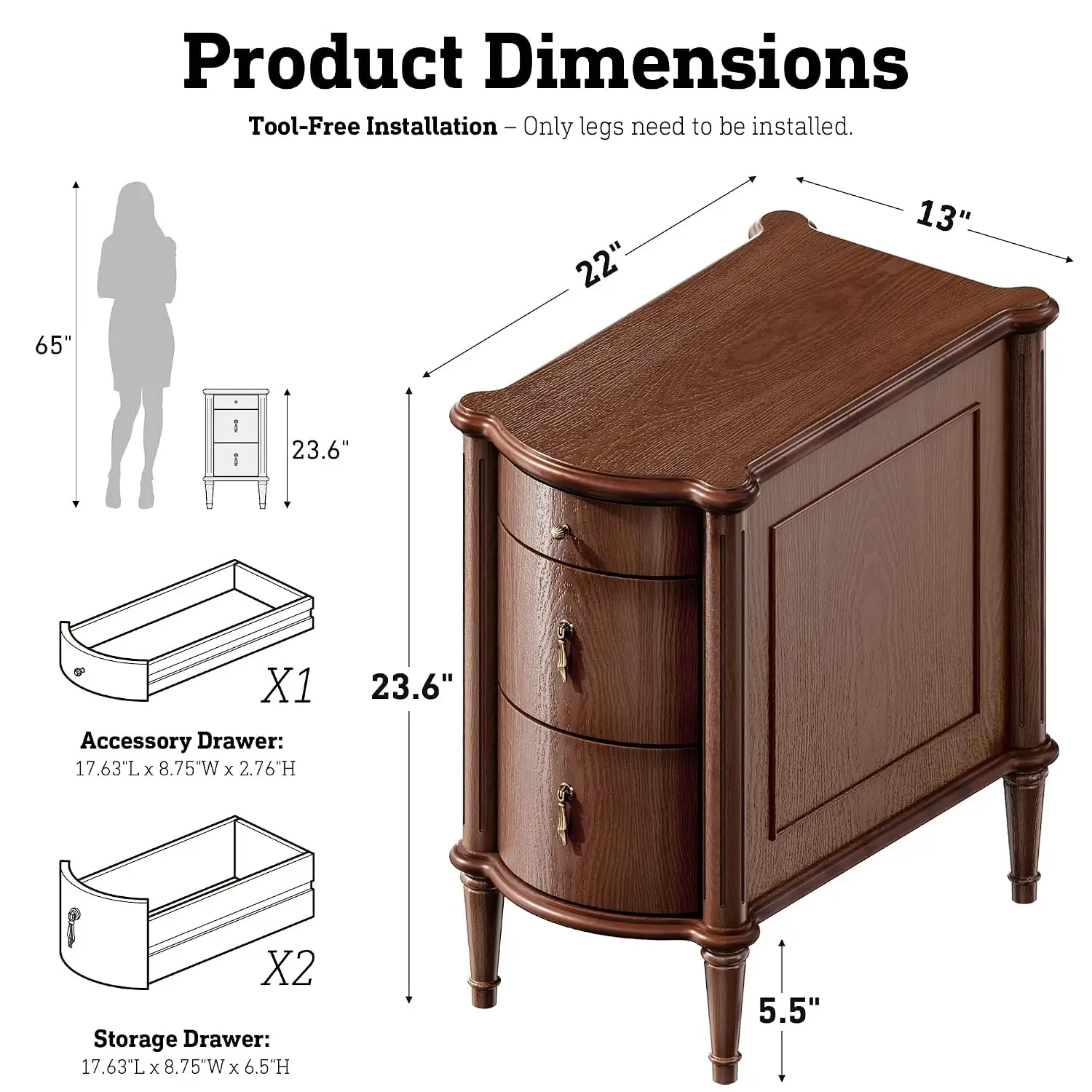 Nightstand w/Charging Station & 3 Drawers Pre-Assembled Vintage Side Table Antique Pulls Wood End Table Bedroom, Customized