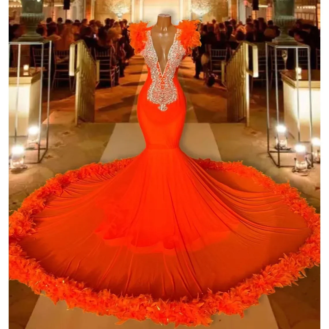 Luxury Orange Mermaid Prom Dresses 2024 For Black Girls Feathers Bottom Beading Crystal Deep V Neck Evening Party Gowns Birthday