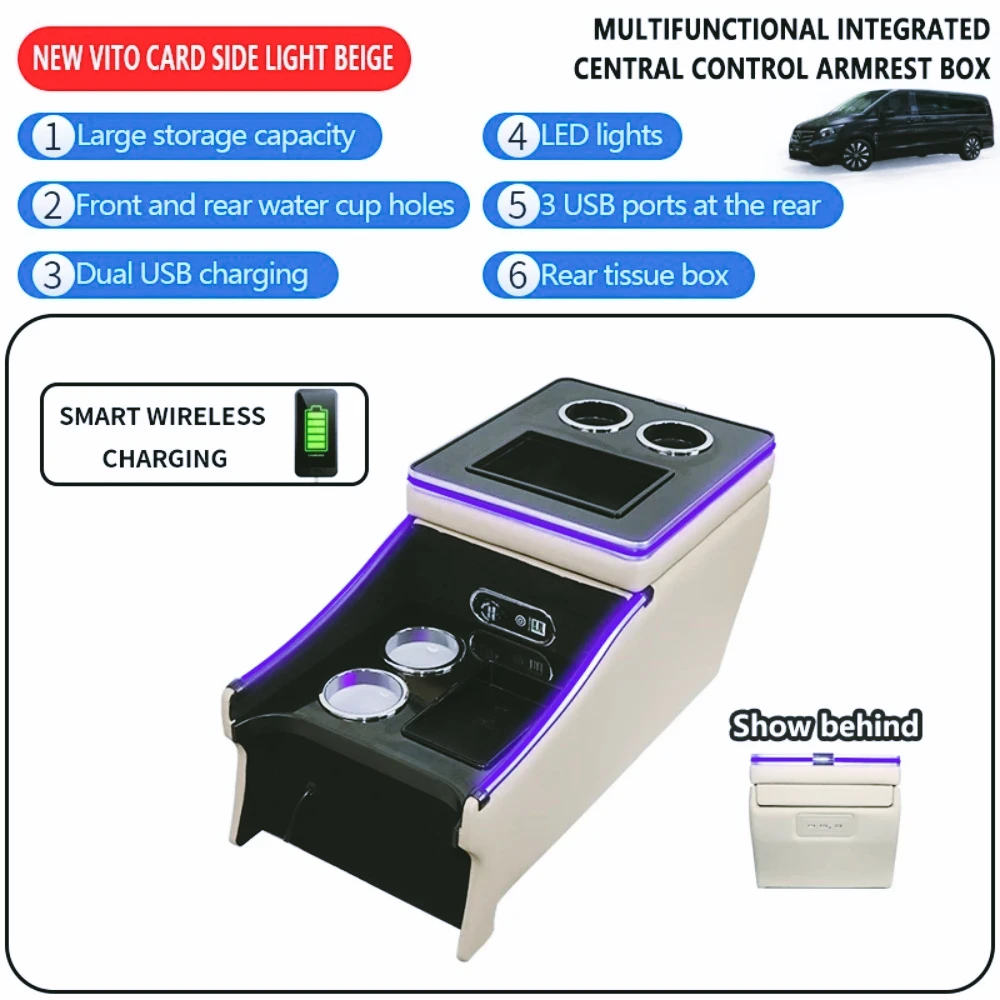 Reposabrazos lantero para Merces Benz Vito, caja  consola con luz lateral Clase V, carga inalámbrica, caja  reposabrazos  almace